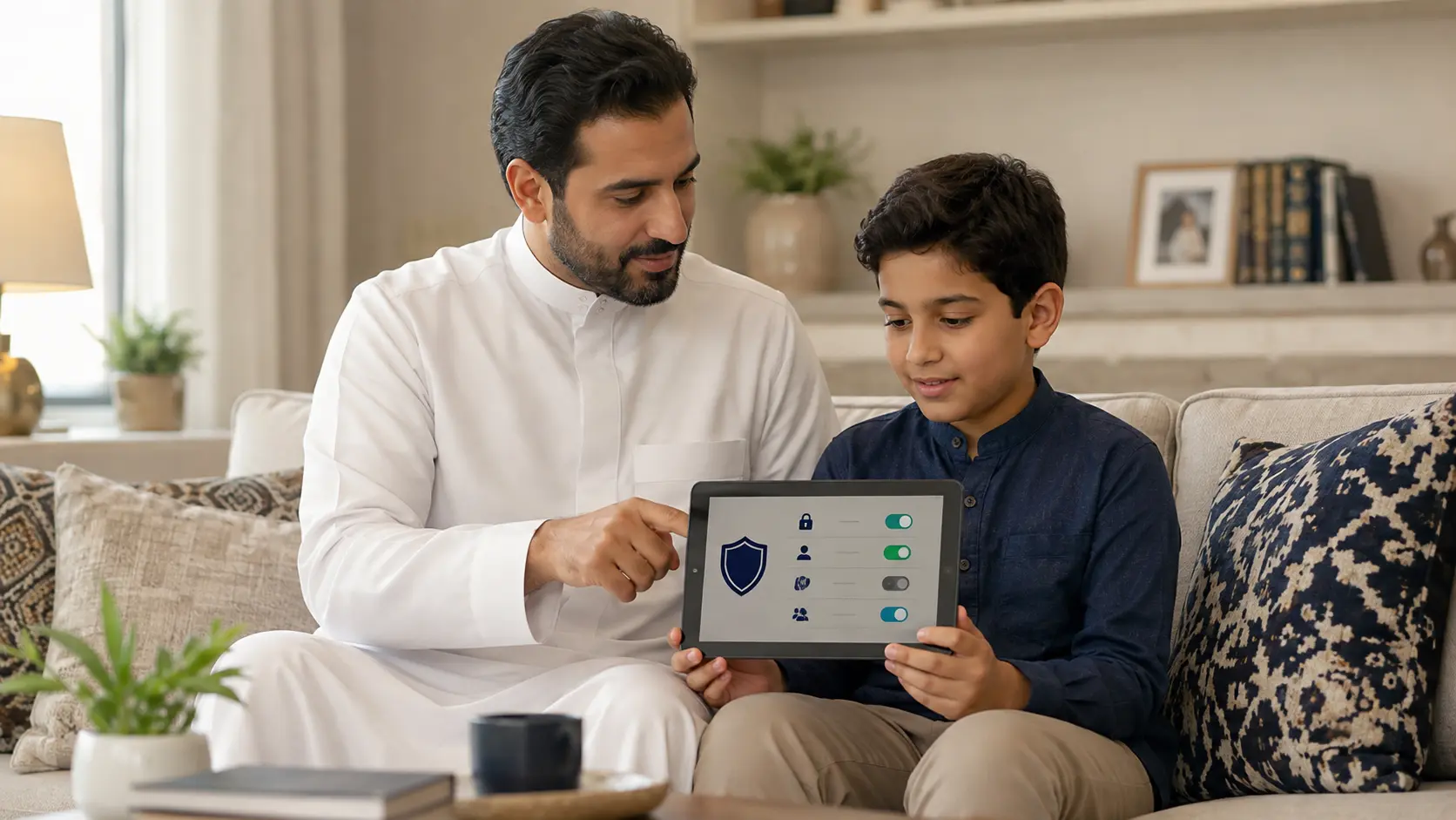 أب وابنه يراجعان إعدادات الخصوصية