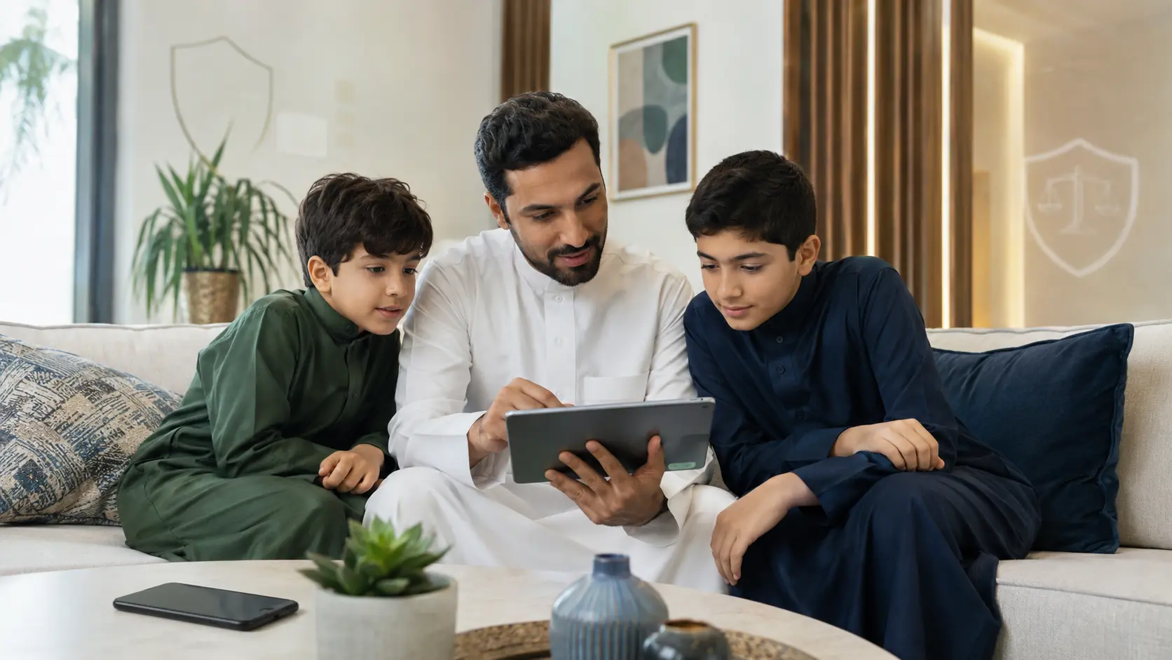 أب وأبناؤه يراجعون قواعد الأمان الرقمي